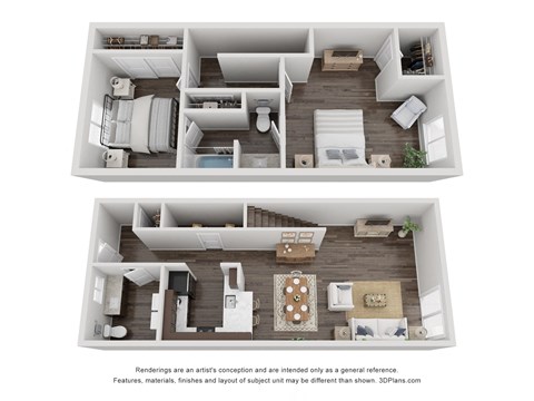 a stylized 3d floor plan with a bedroom and a living room